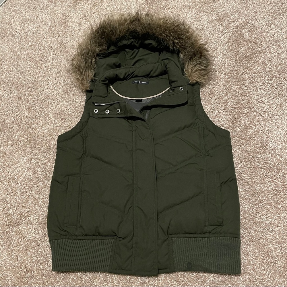 GAP Dark Green Puffer Vest with Faux Fur Hood